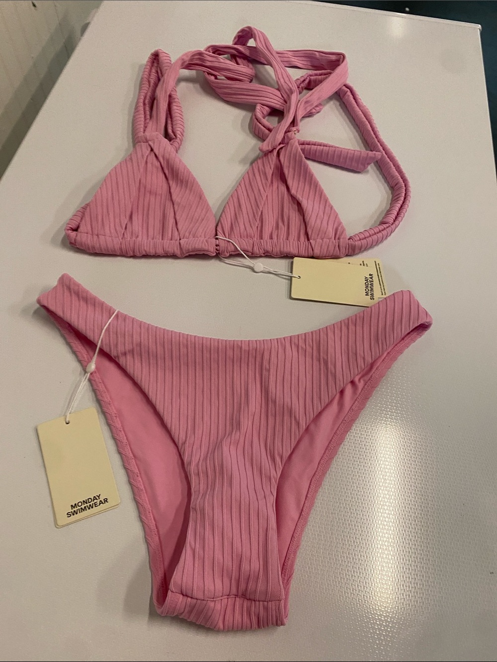 Monday Pink Ribbed Halter Triangle Bikini. Bottoms are large, top is medium. NWT